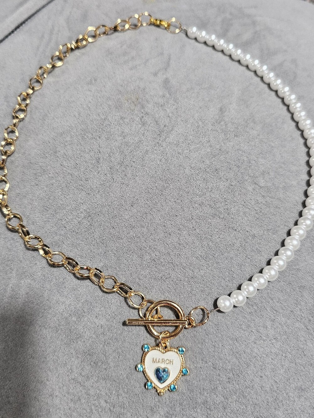 White Pearl & Gold Chain Necklace with March Birthstone Heart Charm